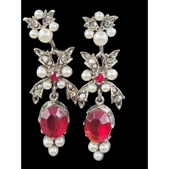 ART Jewelry Set Red Black Rhinestones Faux Pearl 22" Necklace & CIip On Earrings - Picture 8 of 16